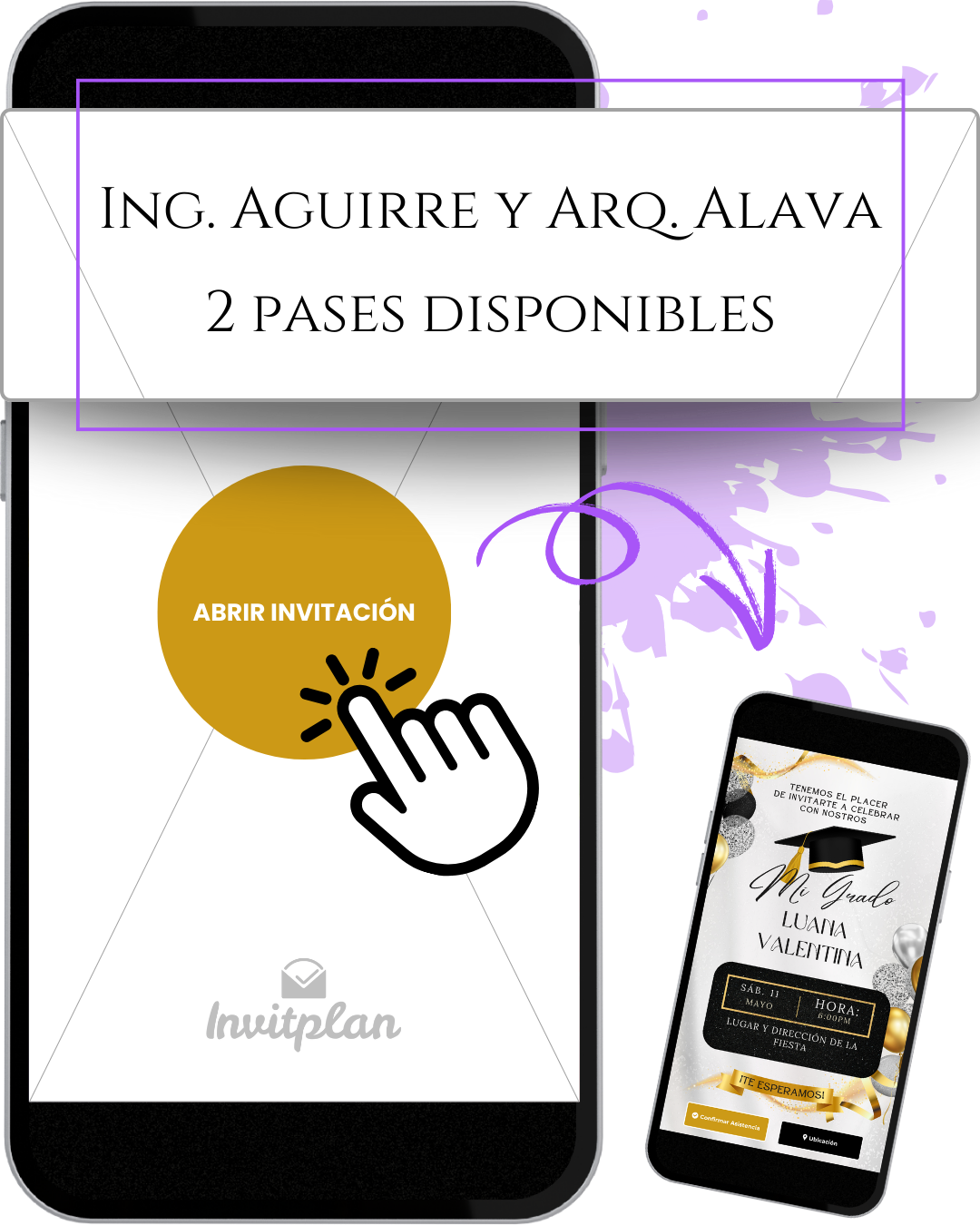 Sobre digital o virtual con nombre de invitados y números de pases disponibles e invitación digital para graduación con temática dorada y negra con botón de ubicación, confirmación y fondo musical.