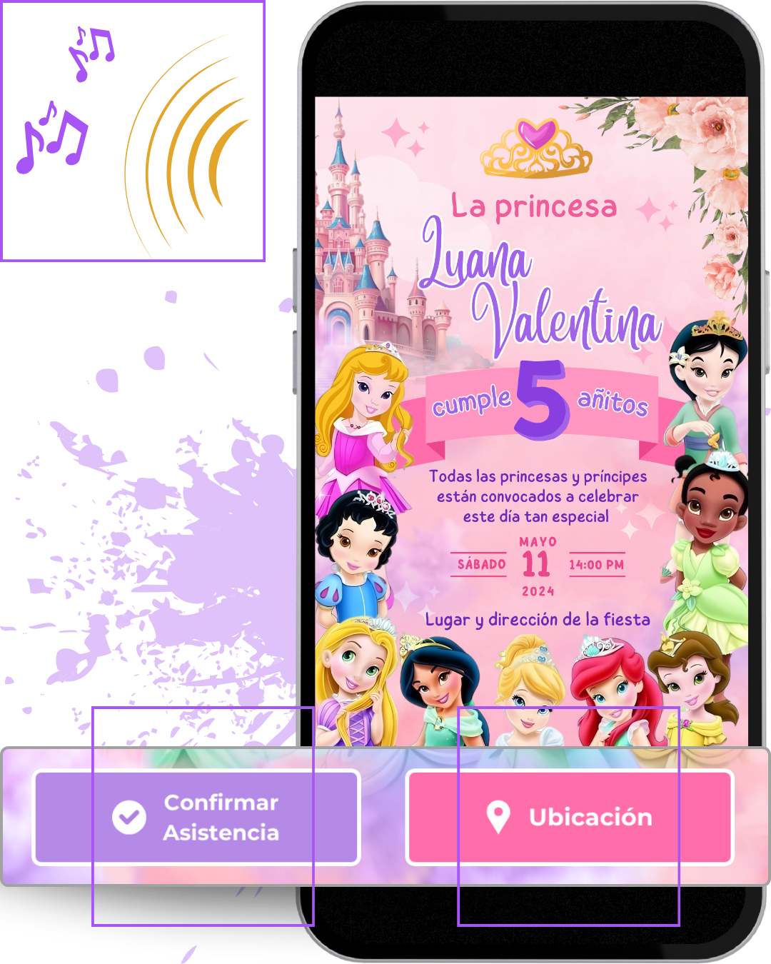Invitación digital de princesas disney bebés para cumpleaños con música, botón de ubicación y botón de confirmación.
