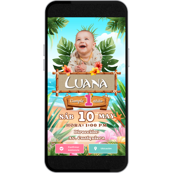 Invitación Digital Video de Cumpleaños - Moana para Cumpleaños con música, link de ubicación y botón de confirmación a whatsapp.