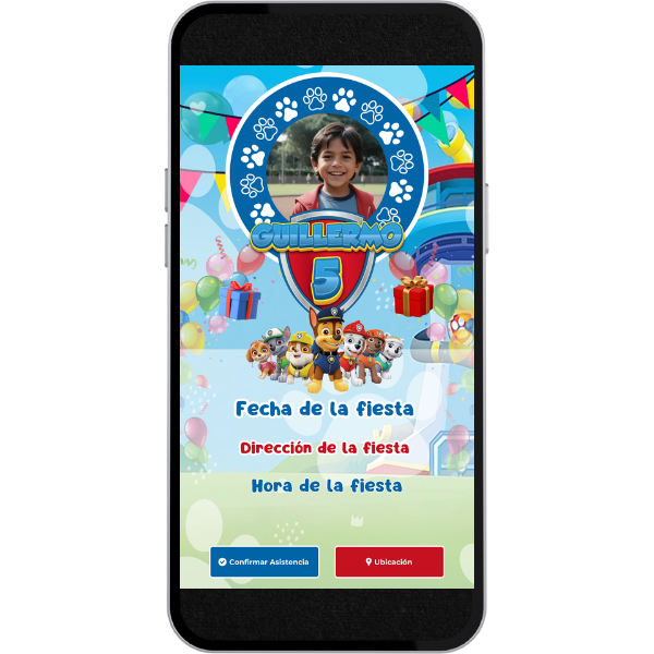 Invitación Digital Video de Cumpleaños - PAW Patrol para Cumpleaños con música, link de ubicación y botón de confirmación a whatsapp.