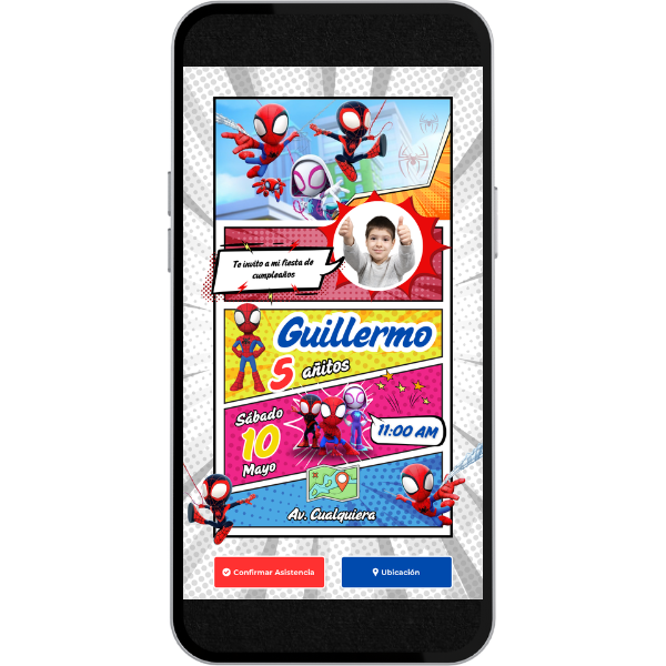 Invitación Digital Estático de Cumpleaños - Spidey para Cumpleaños con música, link de ubicación y botón de confirmación a whatsapp.