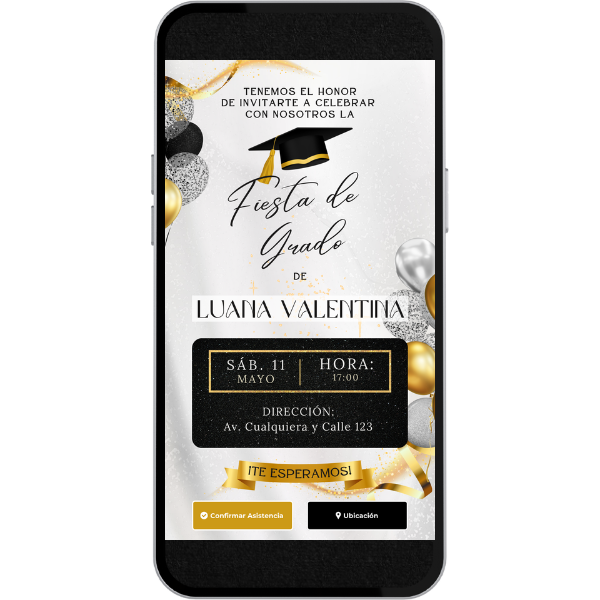 Invitación Digital Video de Graduación - Globos Dorados para Graduación con música, link de ubicación y botón de confirmación a whatsapp.